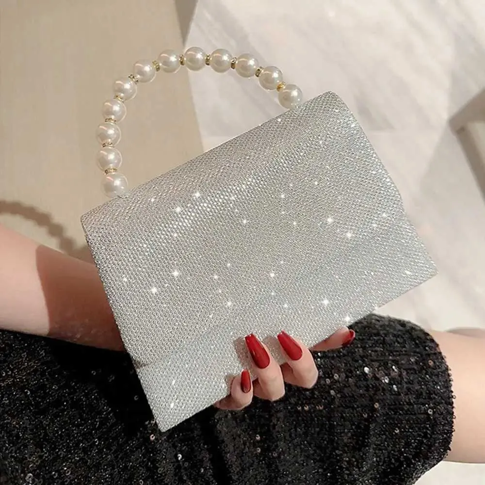 Perlenkette Schultertasche Gold glänzende Seide Abendtasche elegante und modische sphärische Clutch Damenhandtasche Y241019_voghion.com