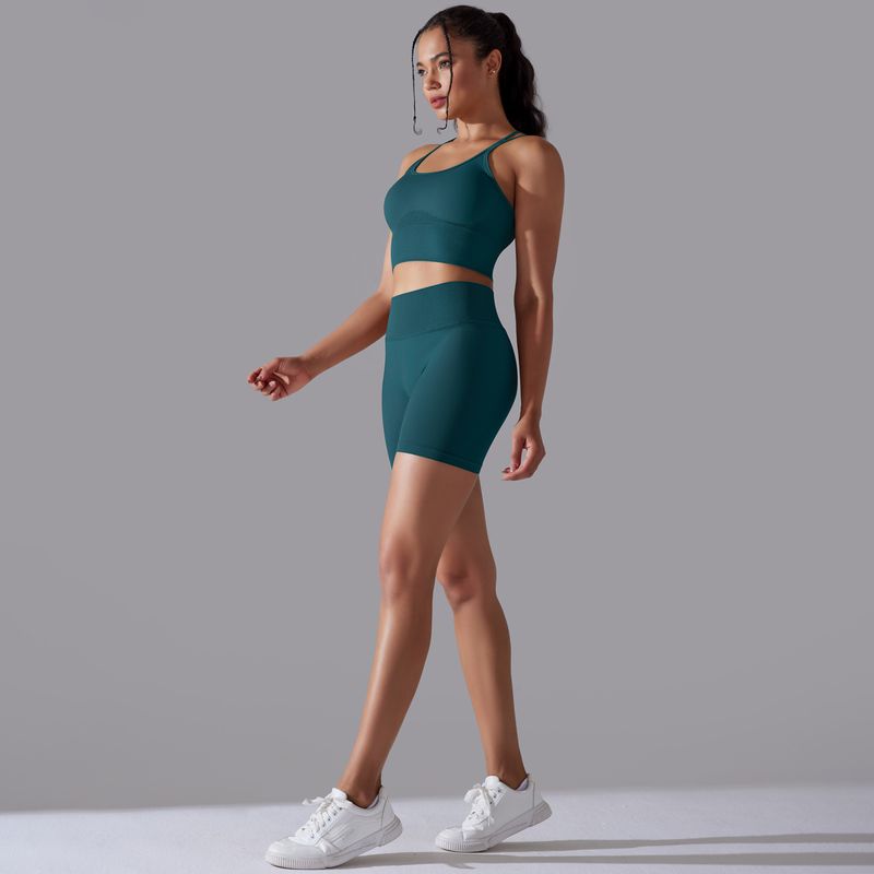 Completo da due pezzi per donna, in maglia senza cuciture, tinta unita, elastico alto, aderente, per yoga e corsa Fiess_voghion.com