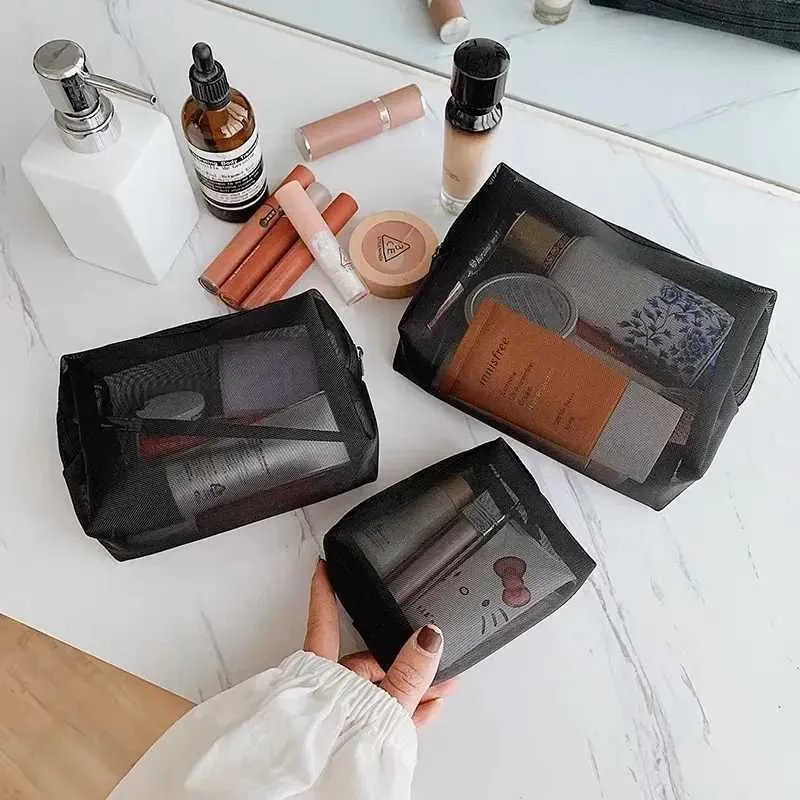 1/3 stykke mesh 3-størrelser transparent sort kosmetik bærbar rejse toilet organizer læbestift opbevaringstaske Y241023_voghion.com