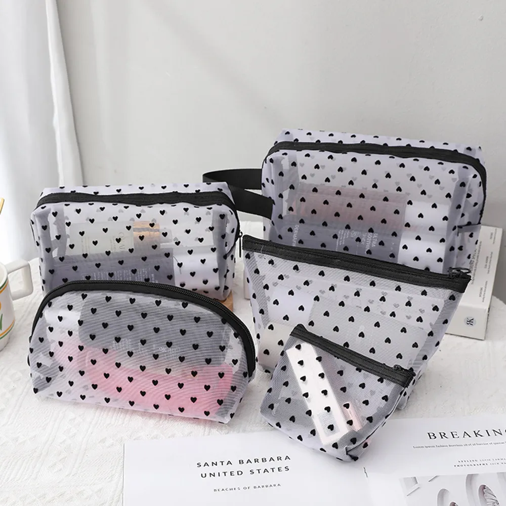 5Pcs Love Print Mesh Cosmetic Portable Toiletry Organizer Makeup Bag Multifunction Transparent Women Lipstick Storage_voghion.com