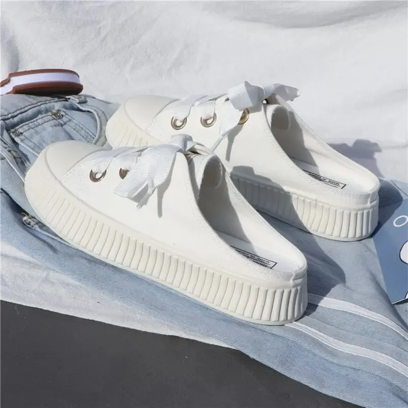 Sneakers estive da donna, pantofole e sandali da donna, ciabatte sportive con fiocco, scarpe alte, punta tonda, cotone, junior, bianco F_voghion.com