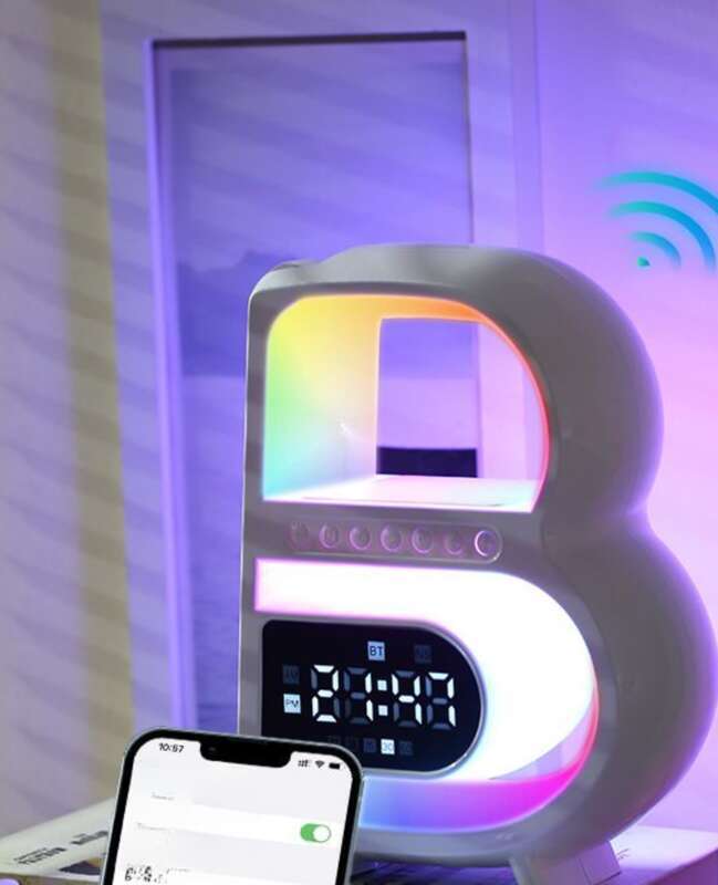 Difuzor Bluetooth inteligent multifuncțional pentru dormitor, lumină de noapte, lampă de masă cu încărcare wireless, ceas, sunet_voghion.com