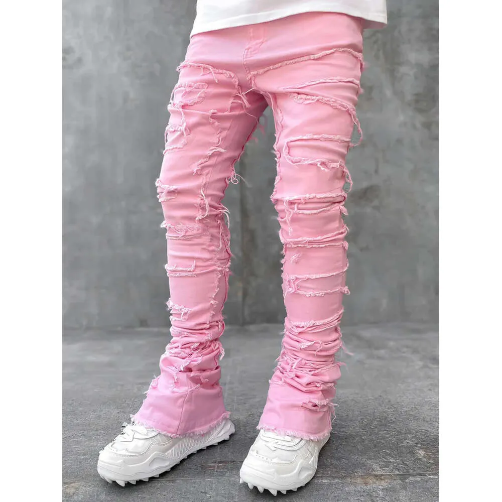 Pantalon droit en denim à patch élastique pour homme, nouvelle mode de rue_voghion.com