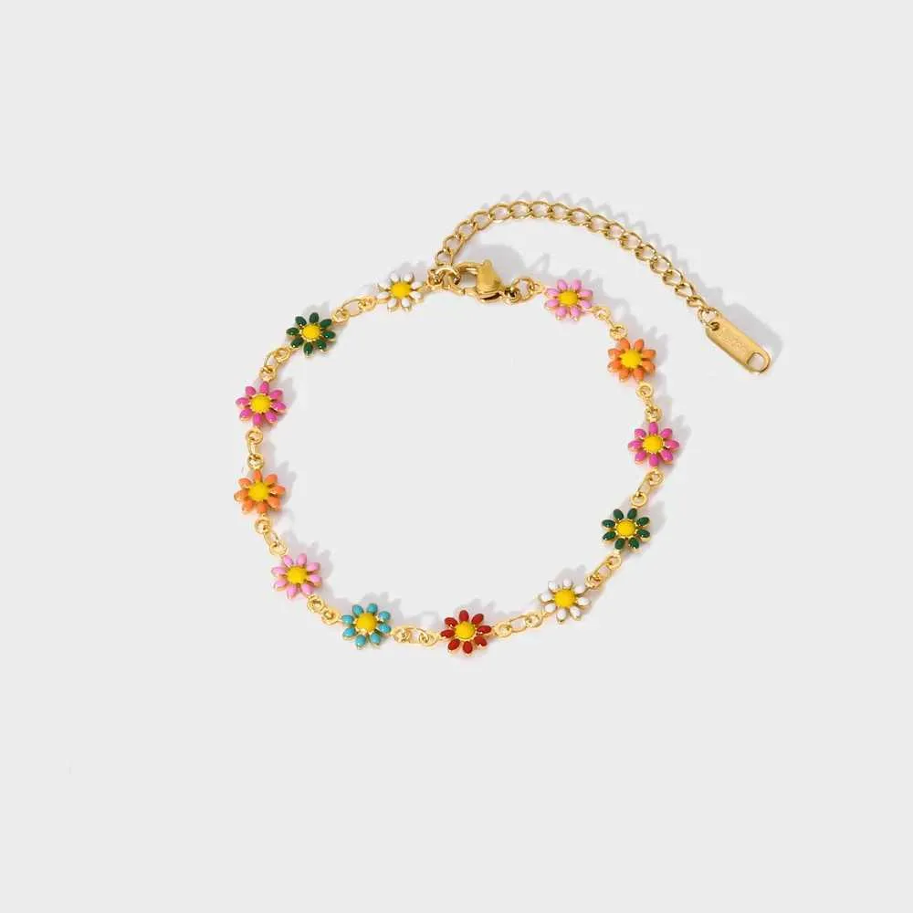 Pulsera de cadena con dijes de flores lindas y coloridas para mujer, de acero inoxidable, estilo bohemio, con pequeñas margaritas_voghion.com