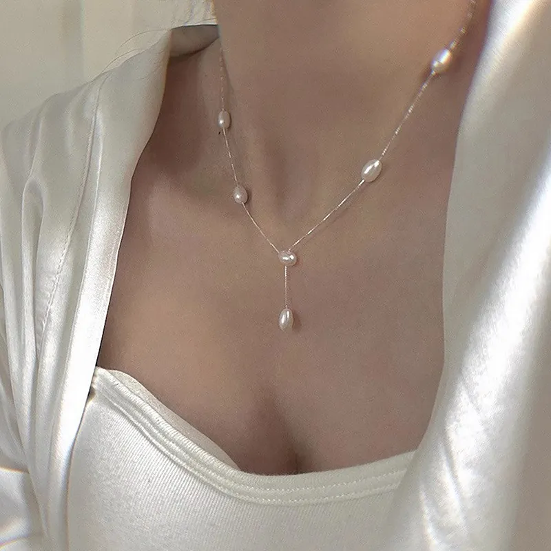 Łańcuchy 1 szt. Prosty modny elegancki długi naszyjnik z pereł dla kobiet dziewcząt seksowny frędzel perła łańcuszek obojczykowy biżuteria_voghion.com