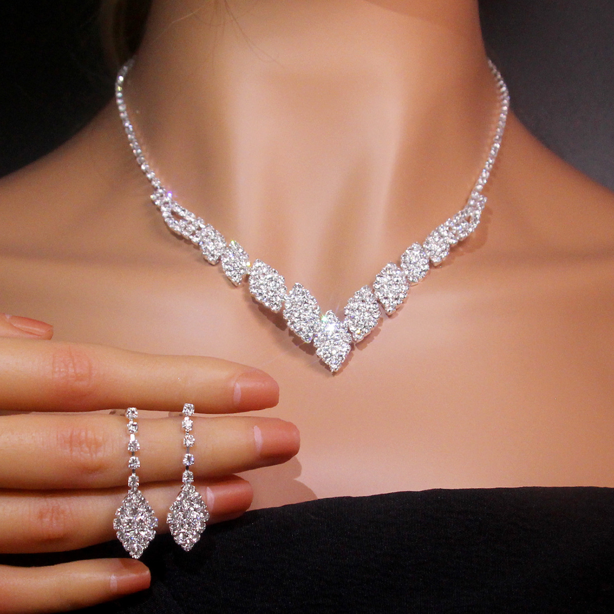 Set di gioielli da sposa in cristallo da 2 pezzi, collana con nappe e orecchini in strass, per donne e ragazze, per feste di ballo_voghion.com