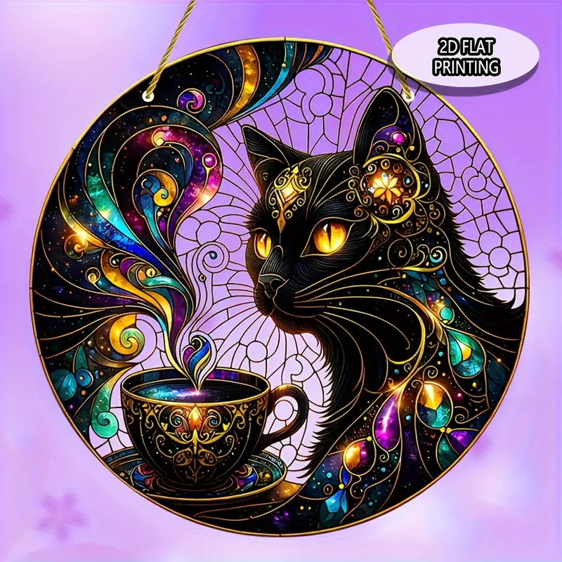 8x8in Black Cat Suncatcher - Colorful Acrylic Window & Wall Decor For Home, Garden & Wreaths_voghion.com