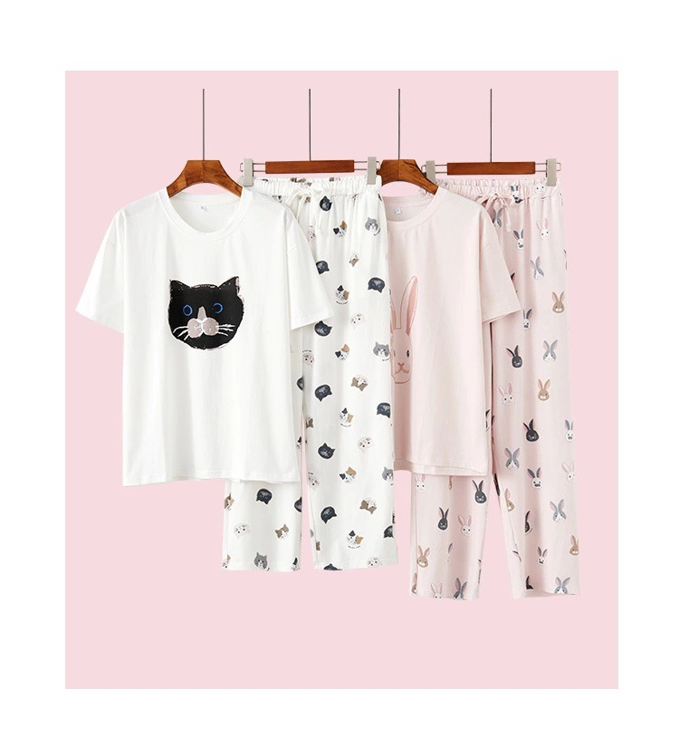 Nachtwäsche für Damen Pyjama für Damen, kurzärmelige Hose mit Cartoon-Katze und Kaninchen-Motiv, Heimanzug_voghion.com