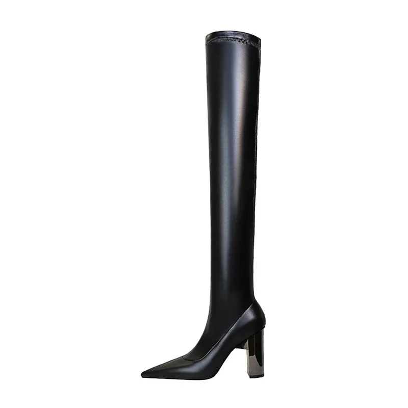Brand Women Leather Thigh Thick High heels Stretch Skinny Over the knee boots Autumn Winter Warm Female Boots Shoes_voghion.com
