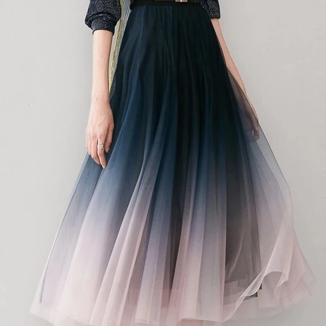 hot selling MEXZT Elegan Tulle Skirs Women High Wais Gradien Mesh Pleaed Midi Korean Elasic Loose Casual All Mach A Line_voghion.com