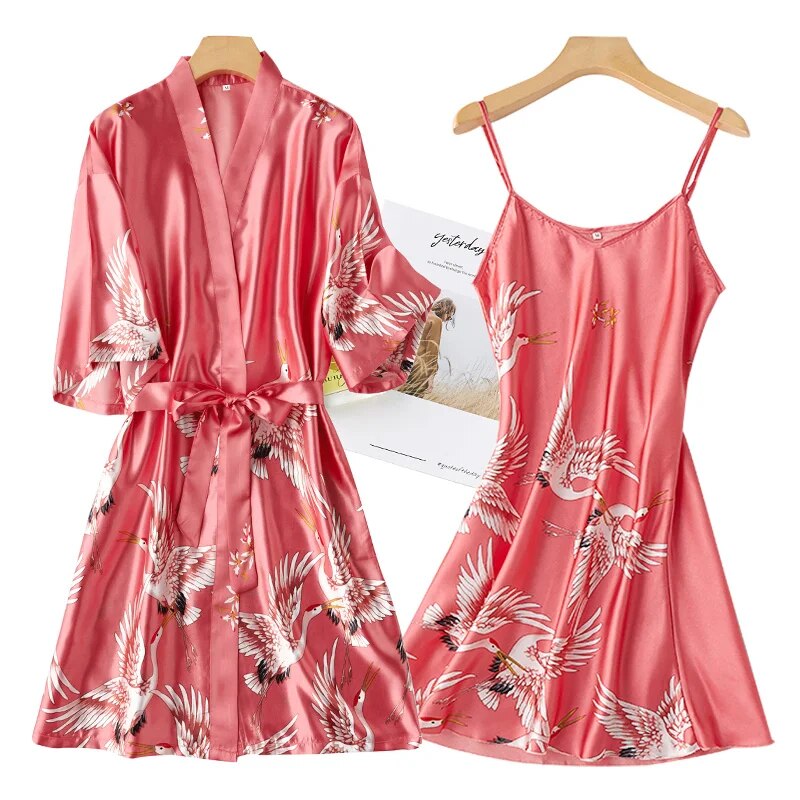 Women's sexy pajamas set, V-neck pajamas, silk pajamas, soaking dress, ladies pajamas, home service, spring, 2-piece set_voghion.com
