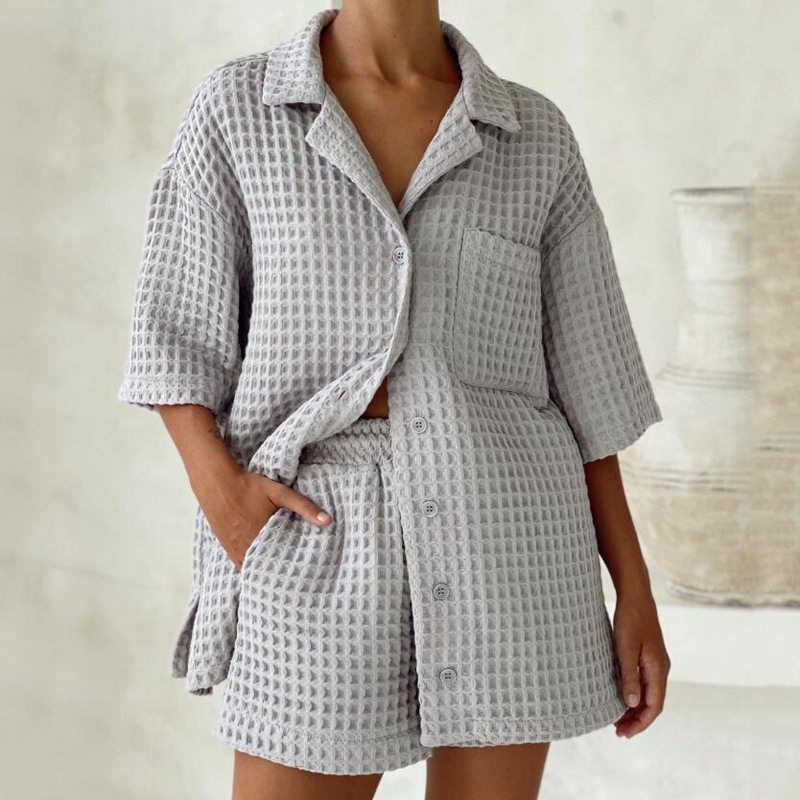 Women's fashion casual short-sleeved V-neck shirt shorts Solid color sports girls two-piece suit_voghion.com