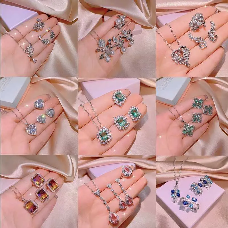 Hochzeitsschmuck-Sets 3-teilig Sterling Silber Herzschliff Zirkon Verlobungsring Ohrringe Anhänger Damen Party Geburtstagsgeschenk_voghion.com