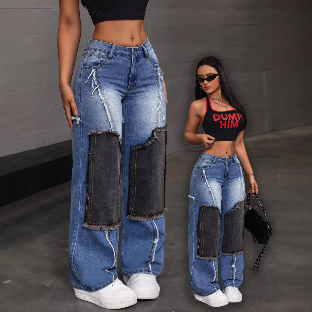 Women's Clothing Patchwork Patchwork Denim High Waist Tight Hip Raw Edge Women's Straight Denim