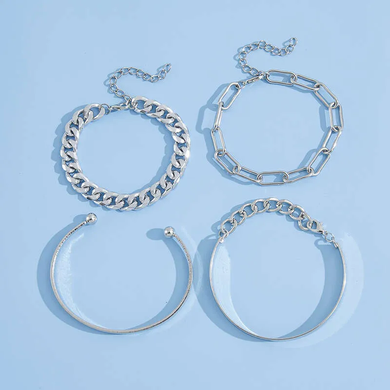 top-level Charm Bracelets 4 Pcs Bangle Set For Women Trendy Dainty Paperclip/Cuban/Figaro/Open Chain Link Stack Bracelet_voghion.com