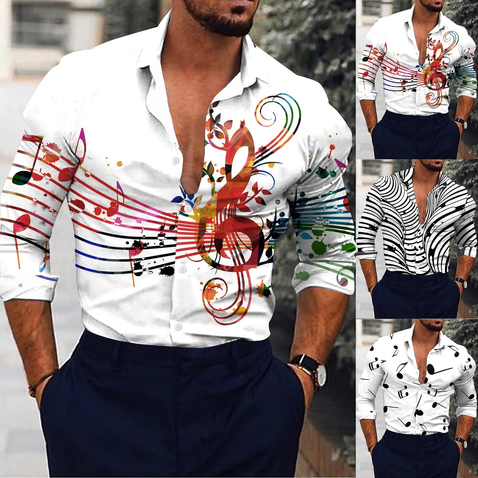 Men Music Note White Shirt Social Drs Streetwear Fashion Casual 3d Digital Print Lightweight Breathable Long Sleeve_voghion.com
