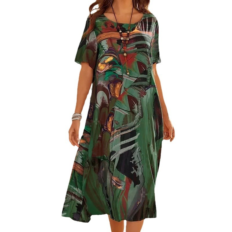  Robe imprimée décontractée pour femmes, manches courtes, taille, col rond, robe de plage ample, été_voghion.com