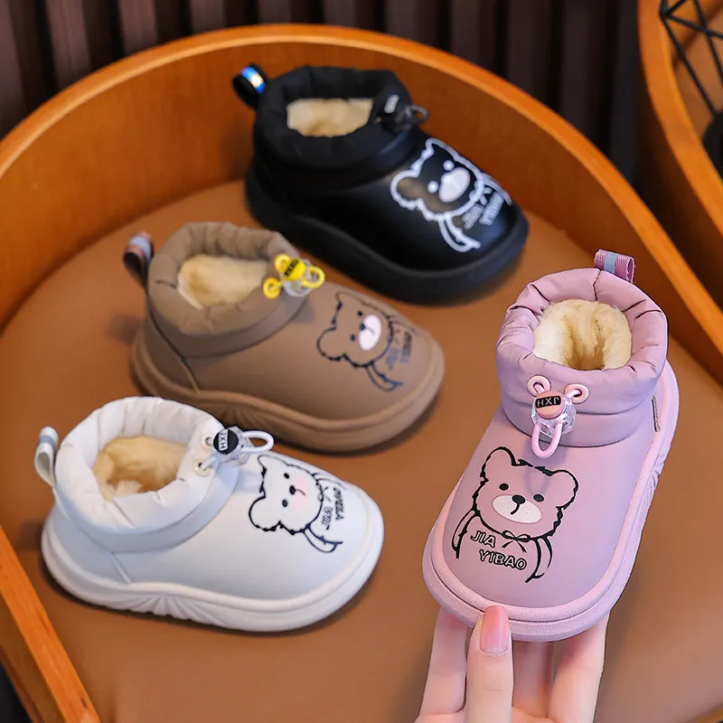Toddler Winter Baby Girls Kids Boys Cute Bear Outdoor Waterproof Casual Shoes Plush Cotton Soft-soled Warm Ankle Boots_voghion.com