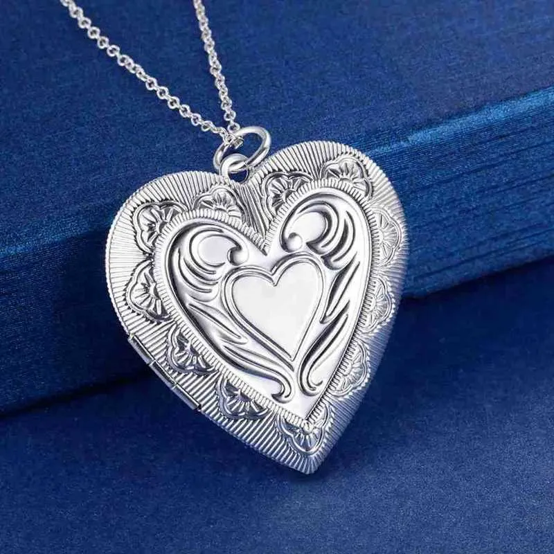Pendant Necklace Locket Necklace Silver Color Photo Frame Chain_voghion.com