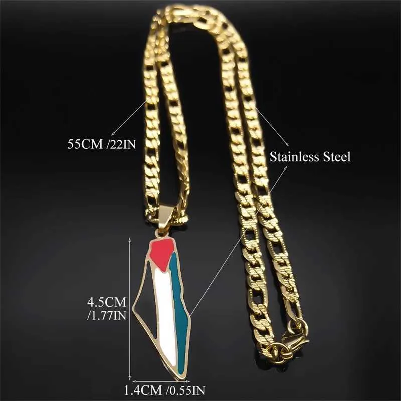 Palestine Map Flag Pendant Necklace Stainless Steel Gold Plated_voghion.com