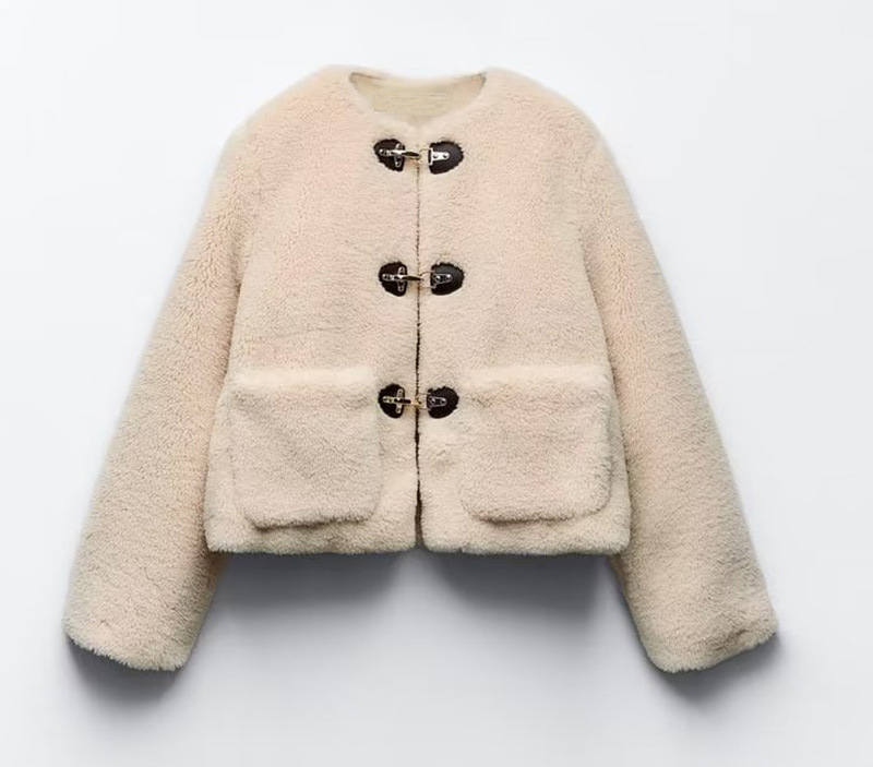 Women's winter new style versatile round neck long sleeve solid color pocket fur coat for women