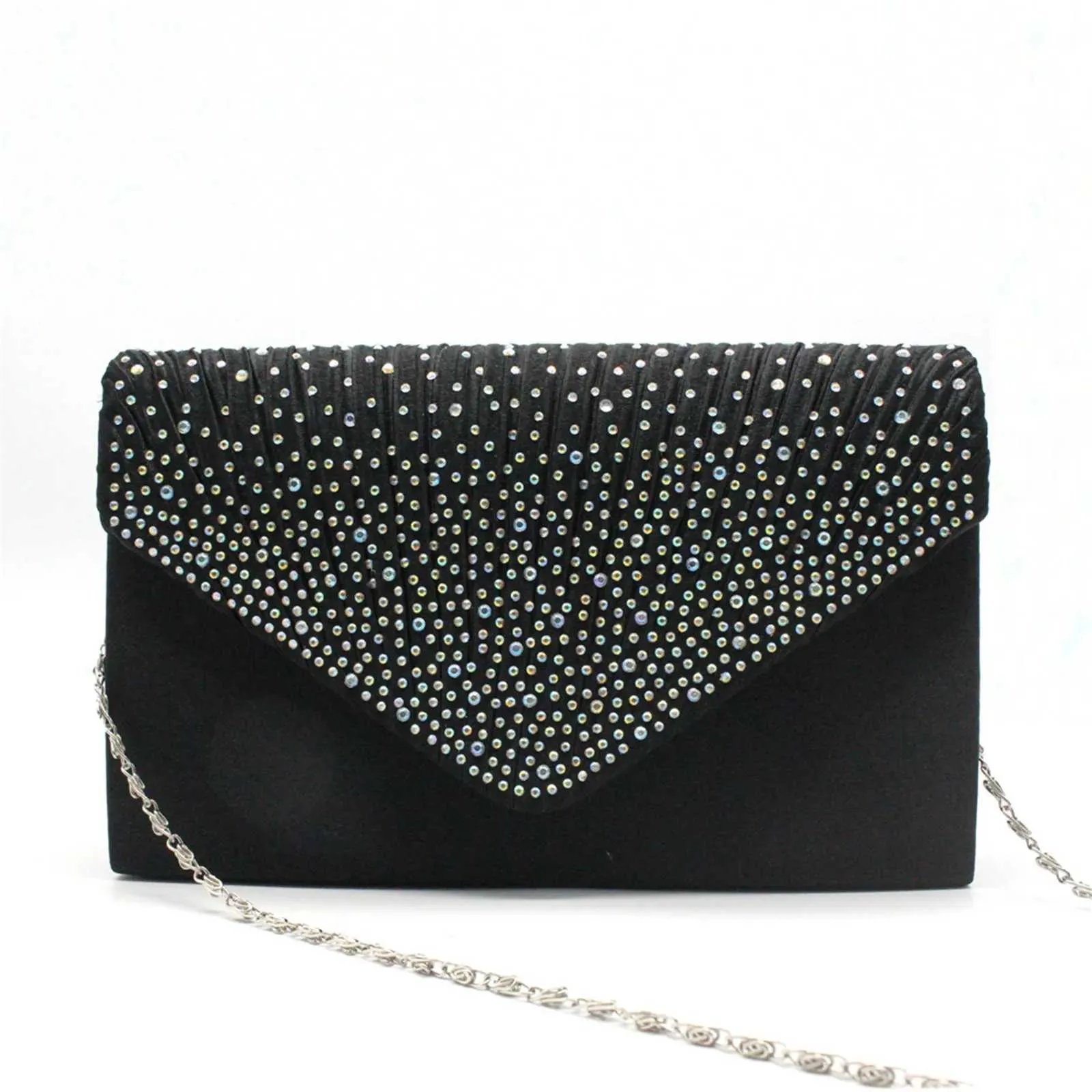 Modische und elegante Clutch für Damen aus Satin mit rhinestone-verzierter Schulterpartie, dünne Kette, passend zu Party- und Bankettkleidern, Abendtasche_voghion.com