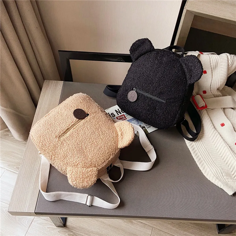 Casual Fleece Bear Shaped Shoulder Cute Women Backpack Children School Bag Travel Rucksack Solid Color Handbag_voghion.com