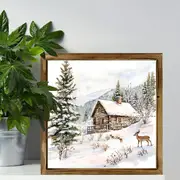 20x20 cm rustik julstuga och renväggkonst - fyrkantig träram, horisontell polerad träfinish, lätt presentplakett för högtider_voghion.com