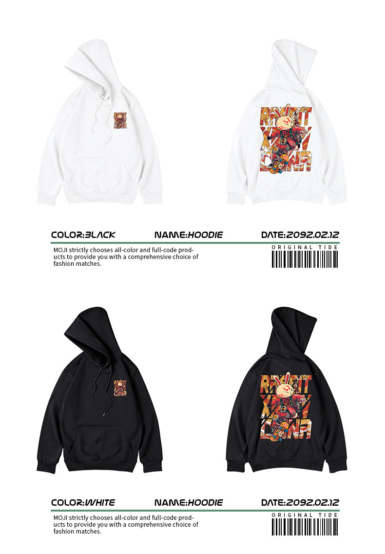 Felpa con cappuccio oversize Year of the Rabbit, abbigliamento da uomo di grandi dimensioni Instagram alla moda, peluche hip-hop rosso autunno e inverno_voghion.com