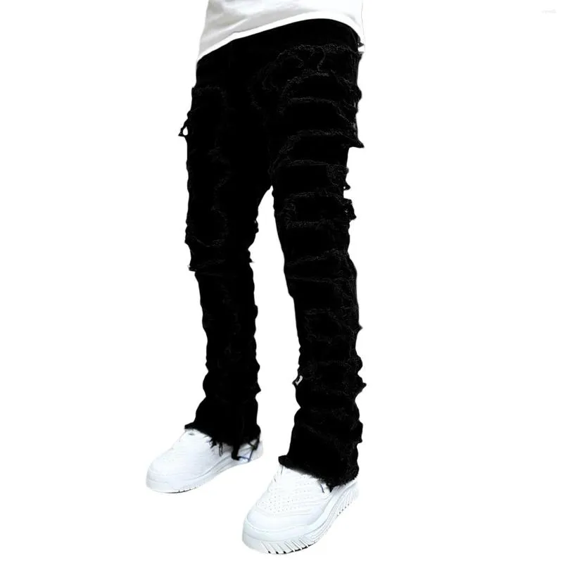 Herren Jeans Regular Fit Stacked Patch Distressed Destroyed Straight Denim Hose Streetwear Kleidung Casual Jean_voghion.com