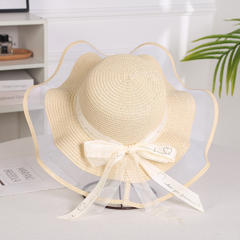Hats for women, summer mesh straw large brimmed foldable sunshade hats, bow beach hats_voghion.com