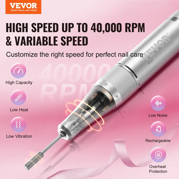VEVOR Electric Rechargeable Nail Drill, 40,000RPM Portable Cordless Nail E File Machine, LCD-Display Acrylic Gel Grinder Tool With 6 Bits And 50PCS_voghion.com