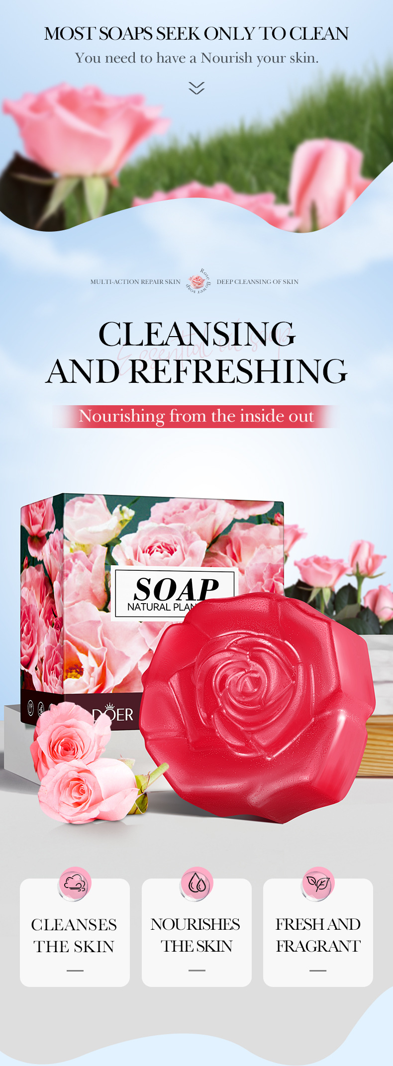 Savon nettoyant pour le corps fait main à l'huile essentielle de rose, gamme complète_voghion.com