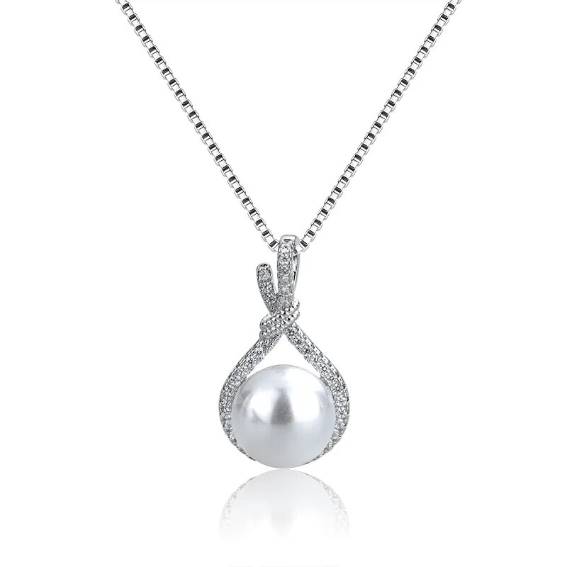 Collier pendentif en argent à la mode avec perle blanche ronde et zircone, accessoires pour femmes, mariage, fiançailles, vente en gros_voghion.com