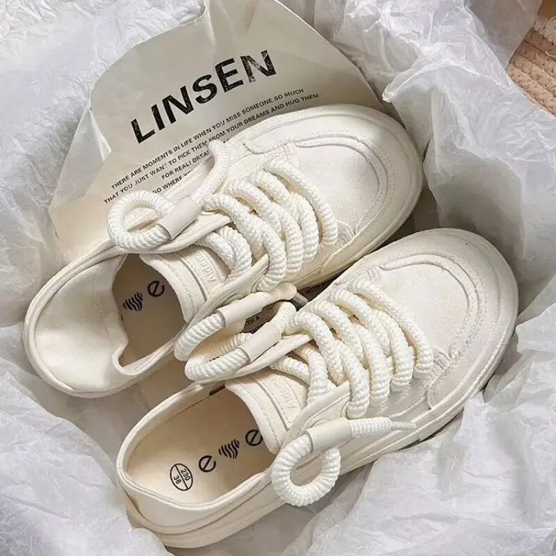 Vulcanized Canvas Sneakers For Women White Lace-up Flat Trainers_voghion.com
