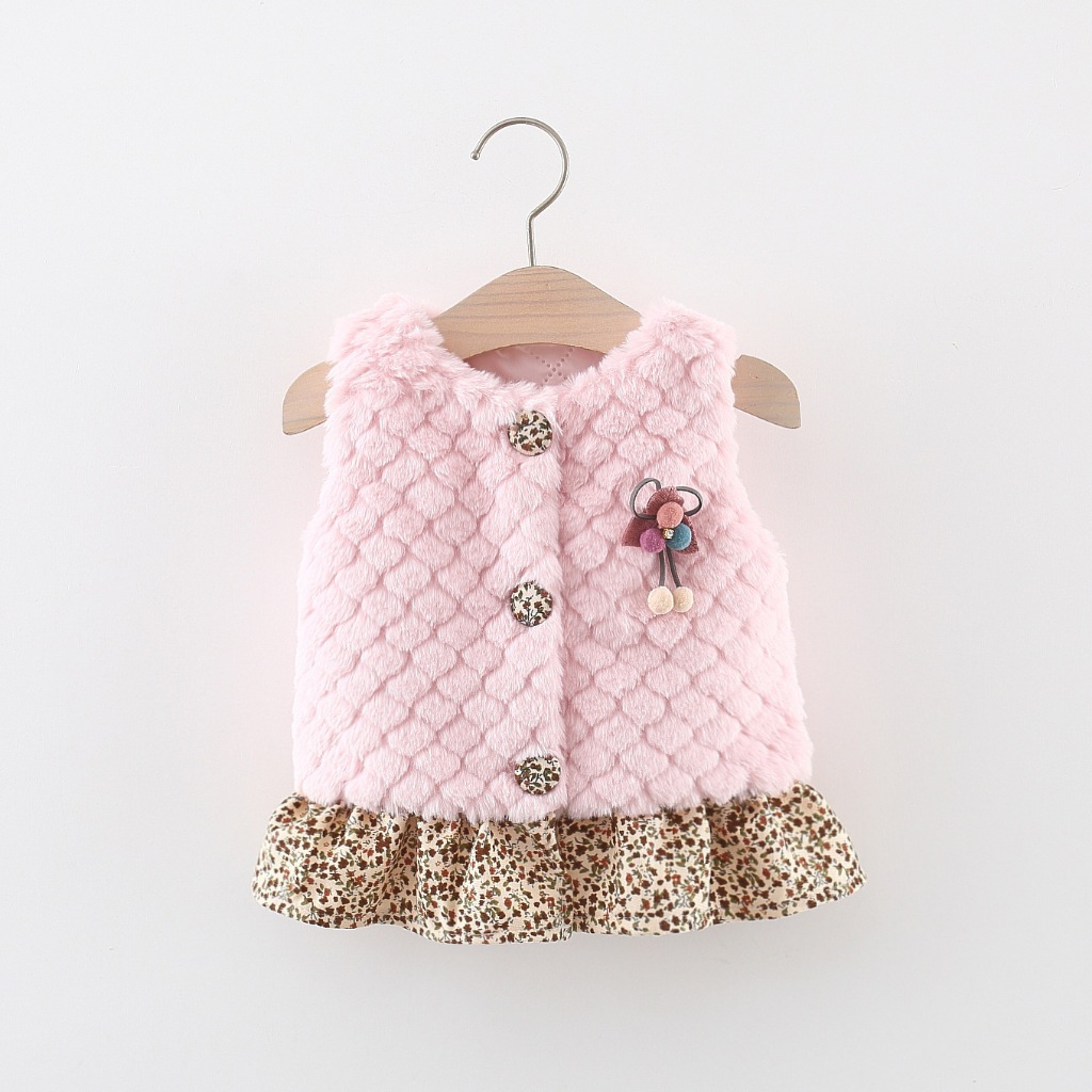 Baby Clothes for Girl Cute Flower Decorative Plush Vest with Ruffled Hem_voghion.com