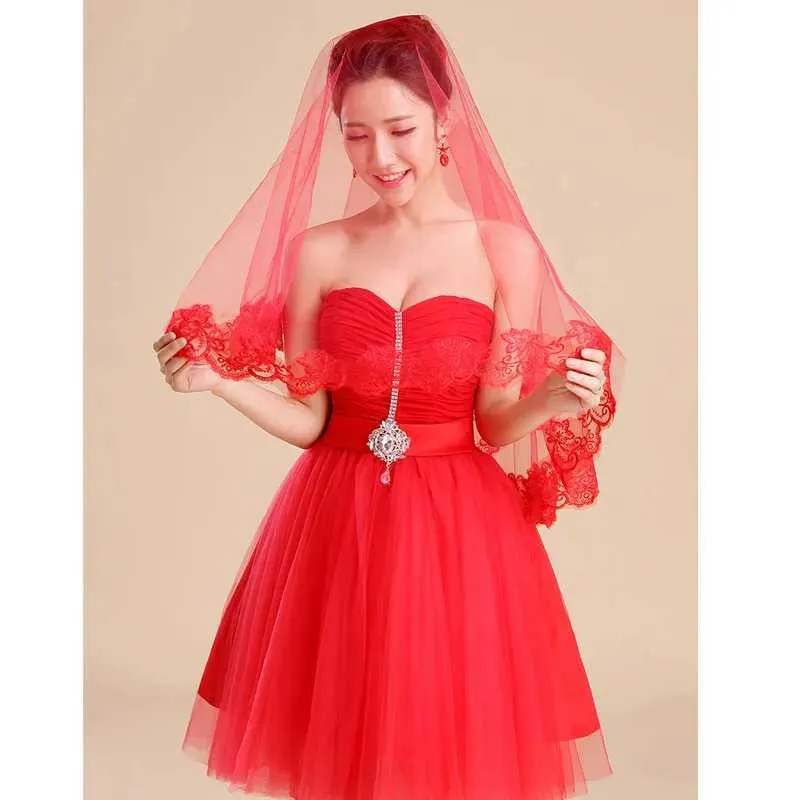 Haarsieraden Klassieke Rode Bruids Bruiloft Eenvoudige Lange Kanten Sluier Hoofddeksel Voor Vrouwen_voghion.com