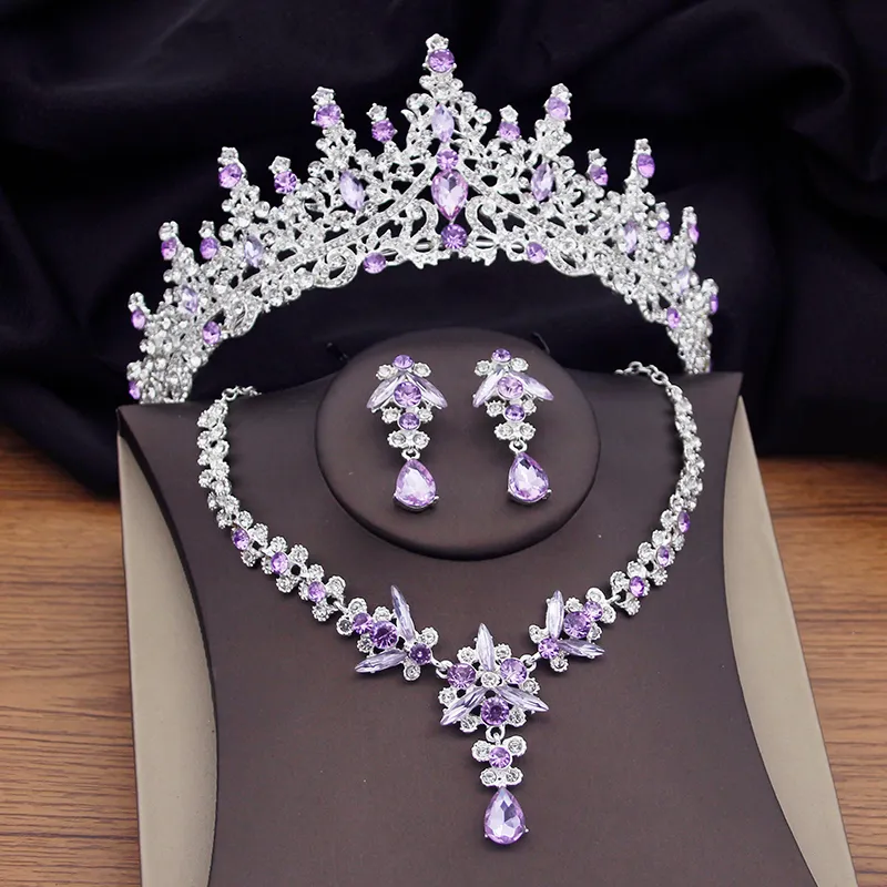 Gorgeous Purple Crystal Bridal Sets For Women Sier Colors Tiaras Earrings Necklaces Wedding Crown Jewelry Set Fashion_voghion.com