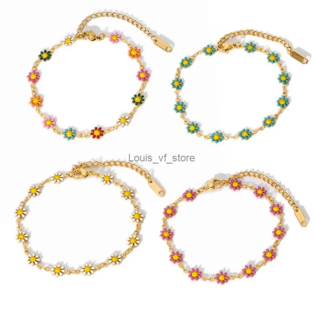 Pulsera de cadena con dijes de flores lindas y coloridas para mujer, de acero inoxidable, estilo bohemio, con pequeñas margaritas_voghion.com