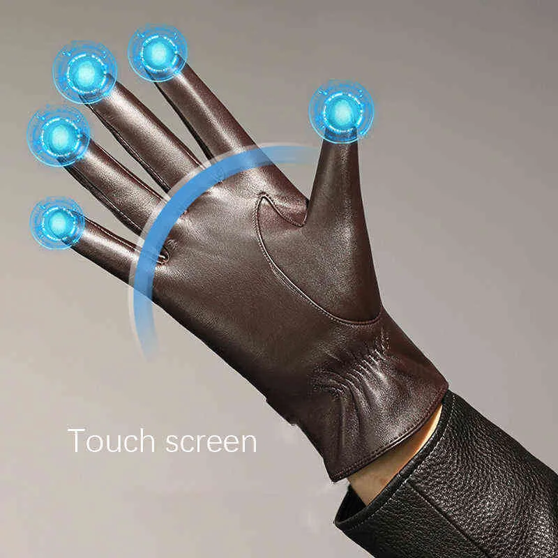 Gants de moto en cuir de mouton pour hommes d'affaires d'automne et d'hiver avec écran tactile et doigts complets, noirs, NR196 211224_voghion.com