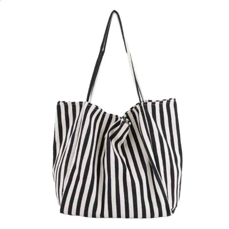 Fashion Ladies Classic Striped Canvas Handbag Large Capacity Shoulder For Female Simple Beach Casual tote Shopping Bag_voghion.com