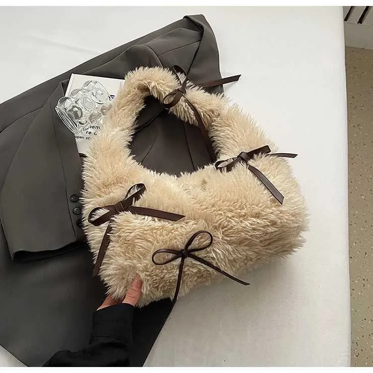 Sac à main en peluche douce pour femme, solide, moelleux, nœuds, appliques, épaule, femme, automne, hiver, mignon, sous les aisselles, paquets, poignée, dame_voghion.com