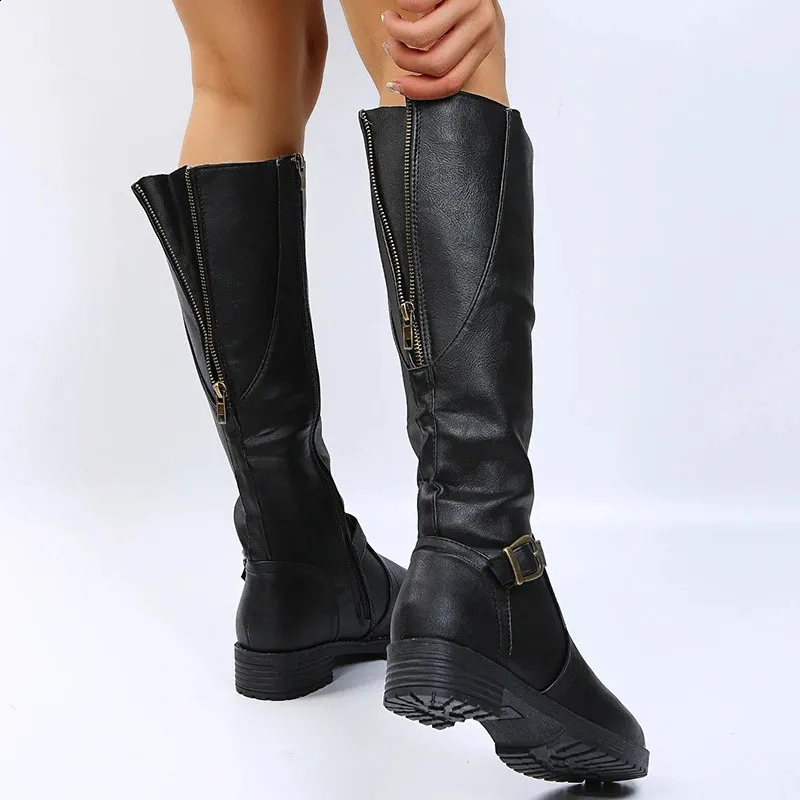 Retro Brown Knee High Large-sized Low Platform Long Autumn Pu Leather Zipper Womens Warm Boots 240911_voghion.com