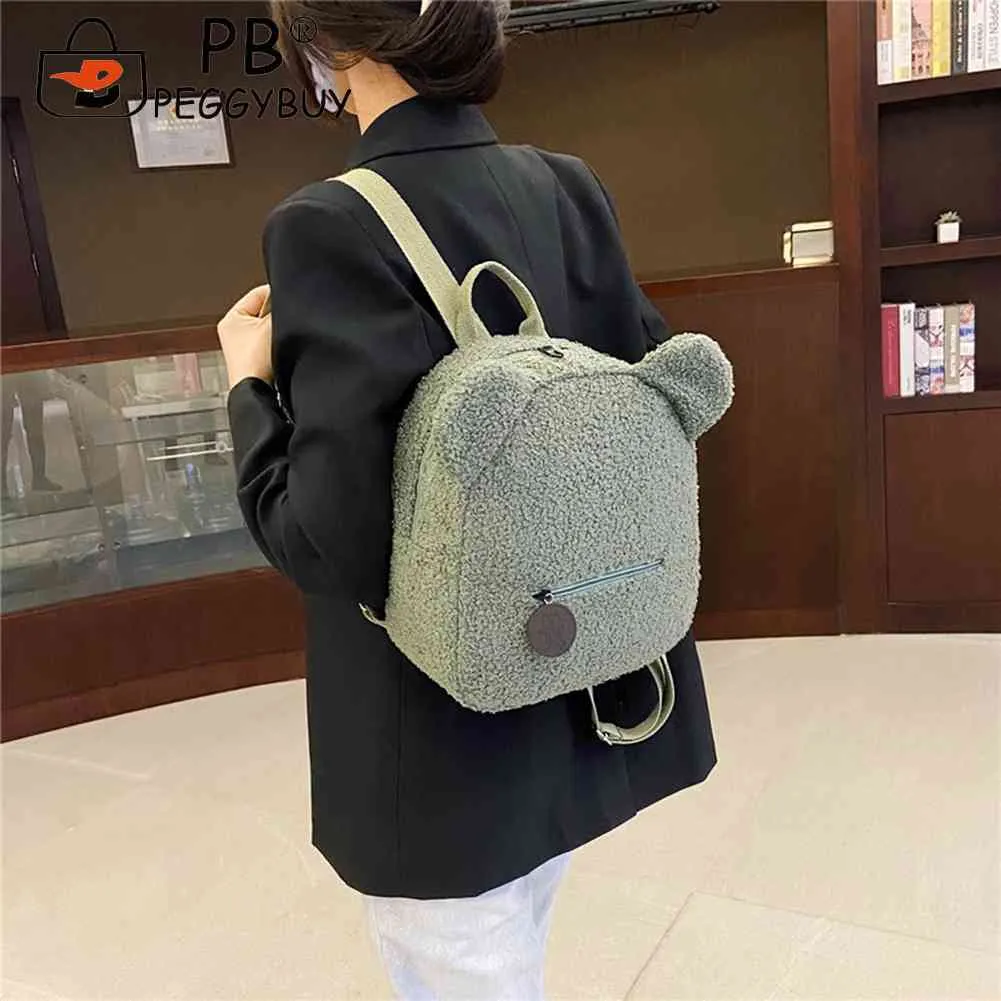 Casual Fleece Bear Shaped Shoulder Cute Women Backpack Children School Bag Travel Rucksack Solid Color Handbag_voghion.com