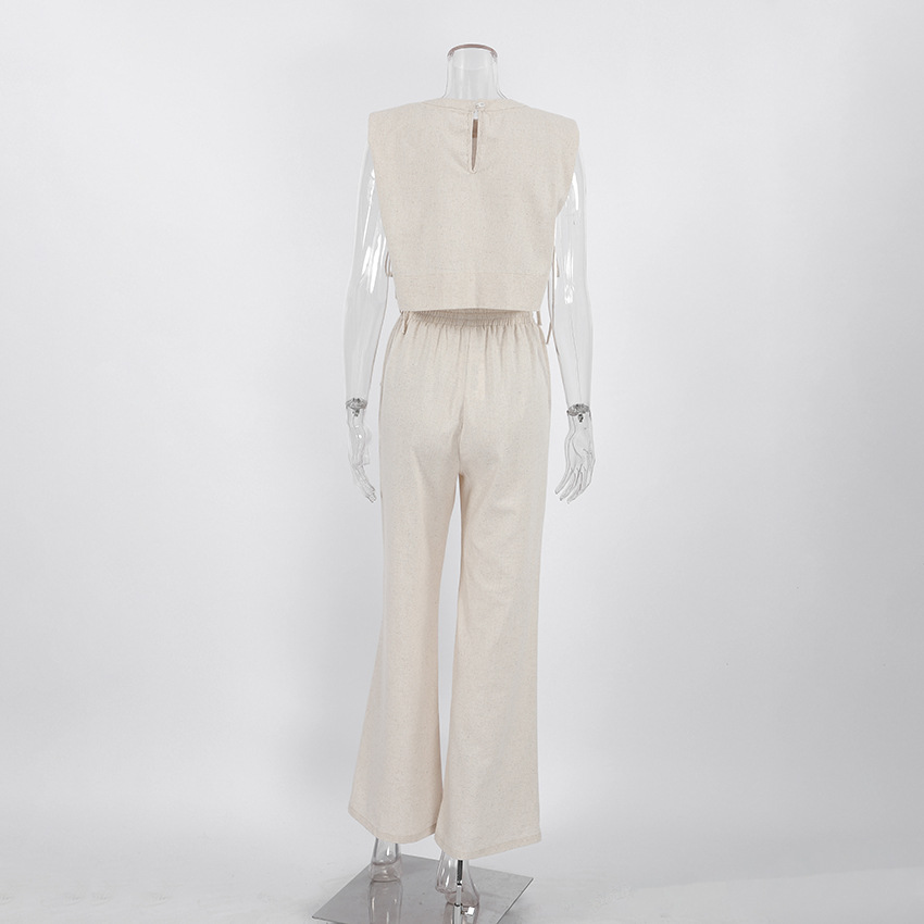 Women's Clothing Fashion cotton and linen suits style shoulder pad sleeveless tops and trousers two-piece suits_voghion.com
