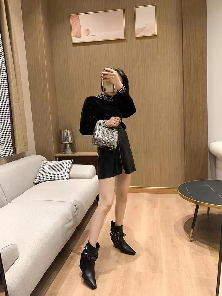 af676 New Back Short Women's Shoes Vintage Pointed Toe High Heeled Heels Elegant Ankle Boots For Women_voghion.com