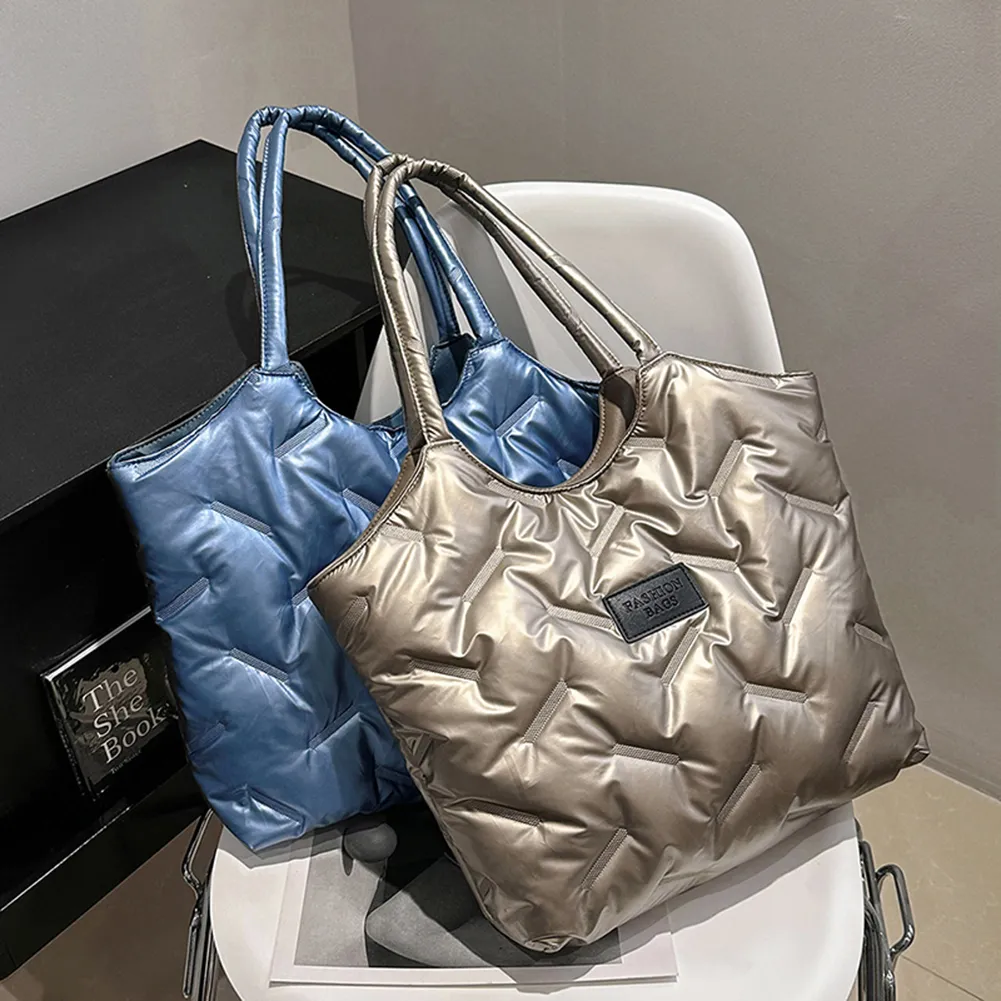 Borsa a mano imbottita in cotone da donna, trapuntata, grande capacità, invernale, casual, morbida e soffice._voghion.com