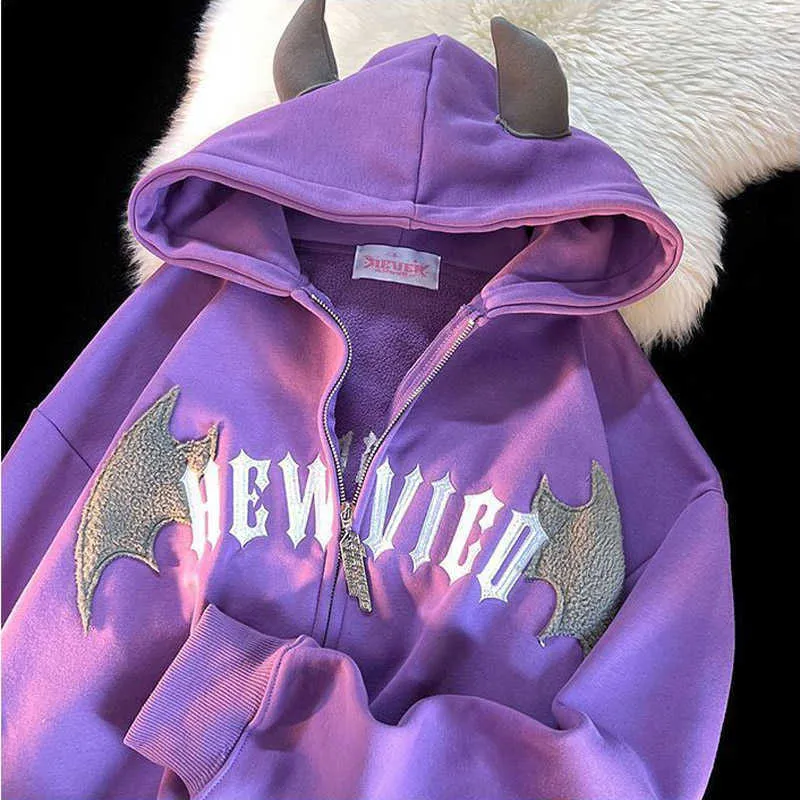 Erkek I mp Kapşonlu Sweatshirtler Hip Hop Koyu Yarasa Kanatlı Şeytan Boynuz Gotik Fermuarlı Kapşonlu Ceket Erkek Kadın Büyük Boy Sweatshirt_voghion.com