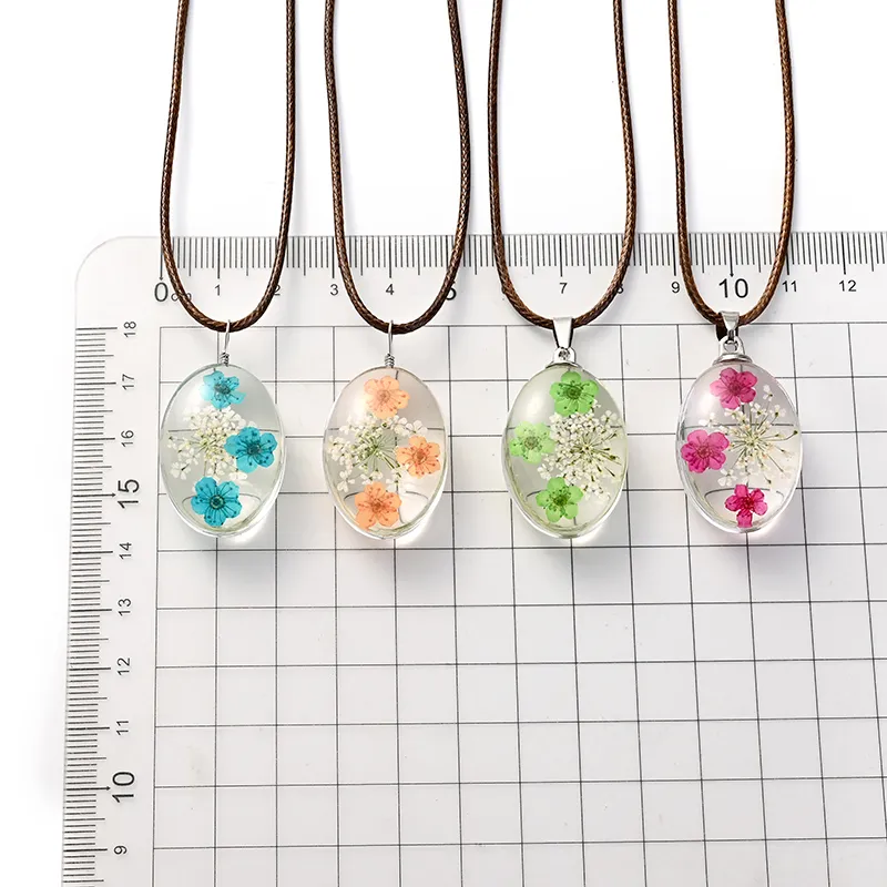 Chaînes Transparent Ovale Véritable Fleur Naturelle Séchée Verre Pendentif Chaîne En Cuir Collier Jonquilles Marguerite Blomoss Pétale_voghion.com