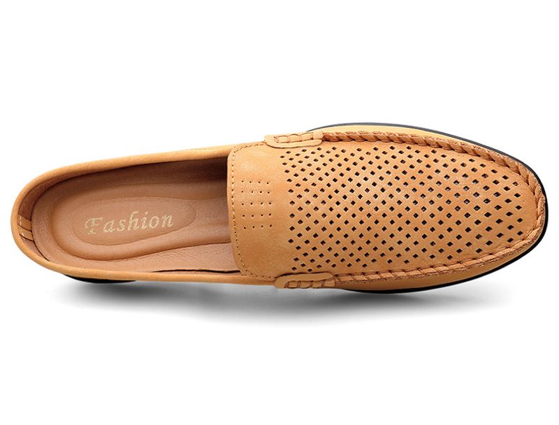 Sommer Slipper Halbschuhe für Herren Leder Slipper Casual Pantoletten Atmungsaktiv Bequeme Halbschuhe Mokassins Gelb Schwarz Beige_voghion.com